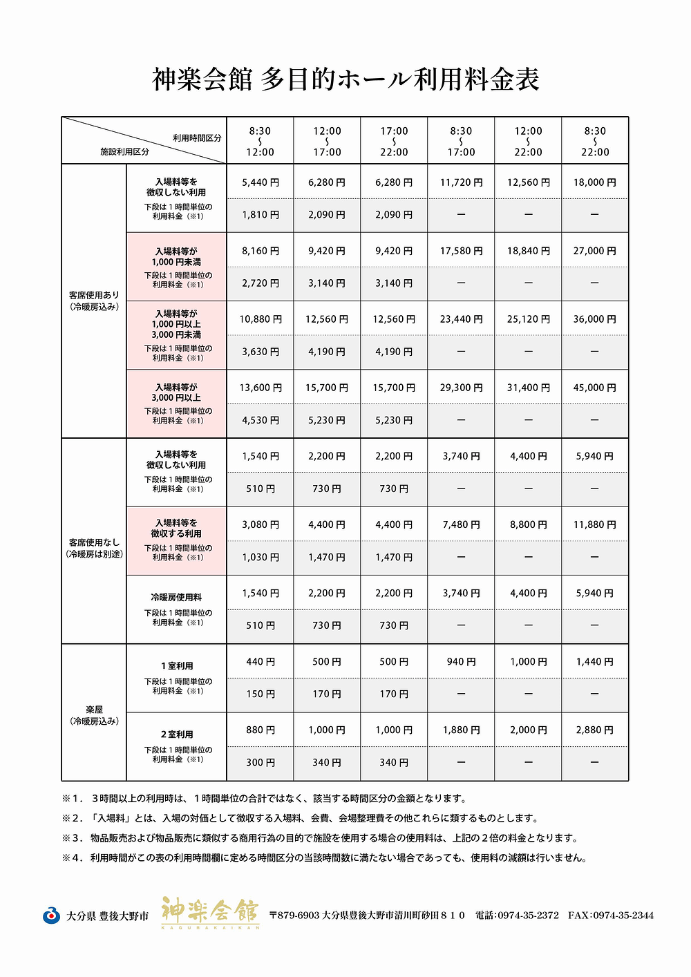 神楽会館の多目的ホール利用料金表