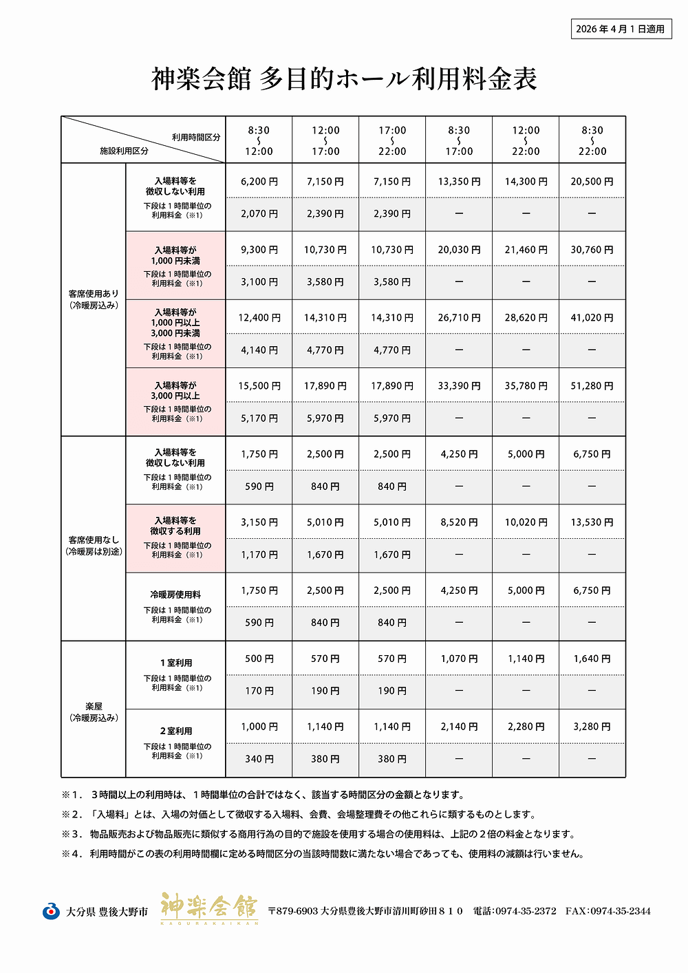豊後大野市 神楽会館|多目的ホール利用料金表|2026年4月